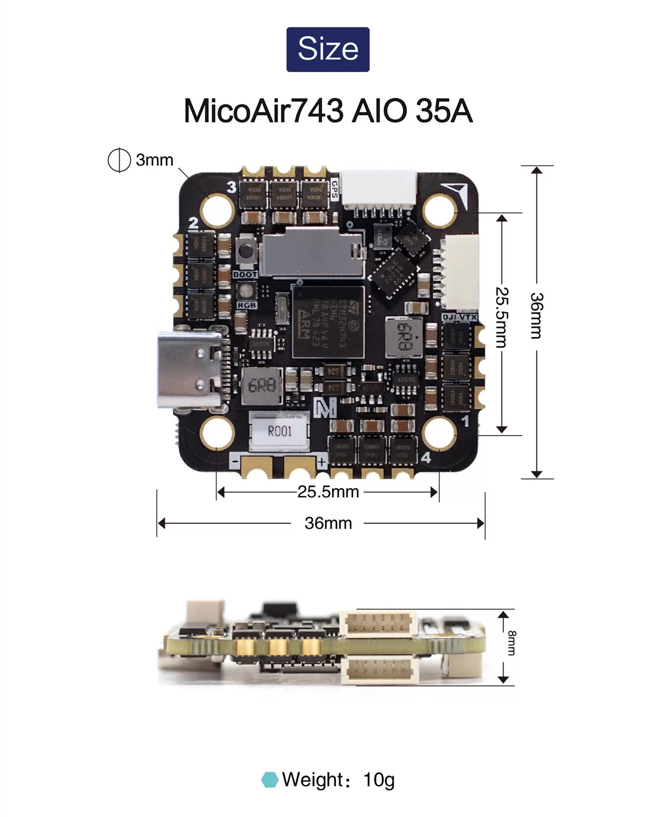 MicoAir H743 AIO 35A AM32 25.5×25.5 3-6S Flight Controller & ESC