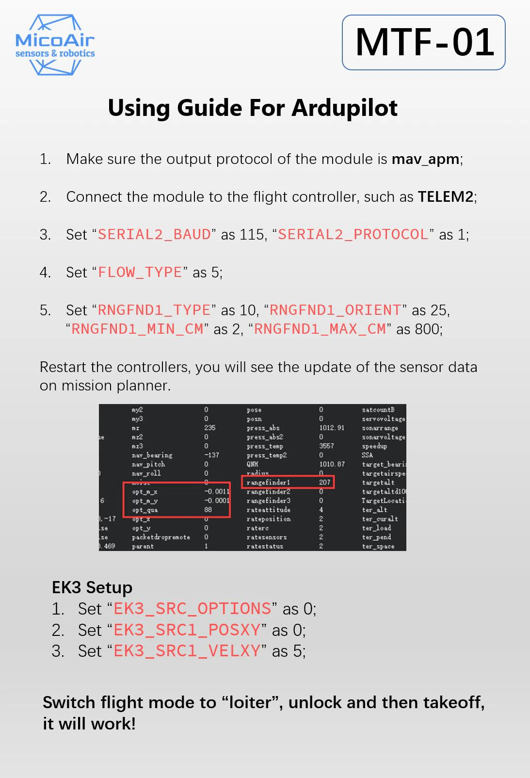 OPTICAL FLOW & LIDAR SENSOR MTF-01 Compatible with Ardupilot/PX4/INAV