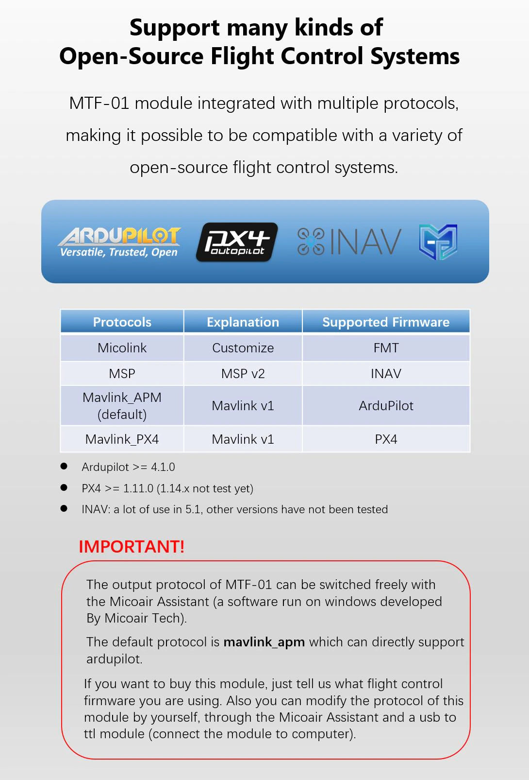 OPTICAL FLOW & LIDAR SENSOR MTF-01 Compatible with Ardupilot/PX4/INAV