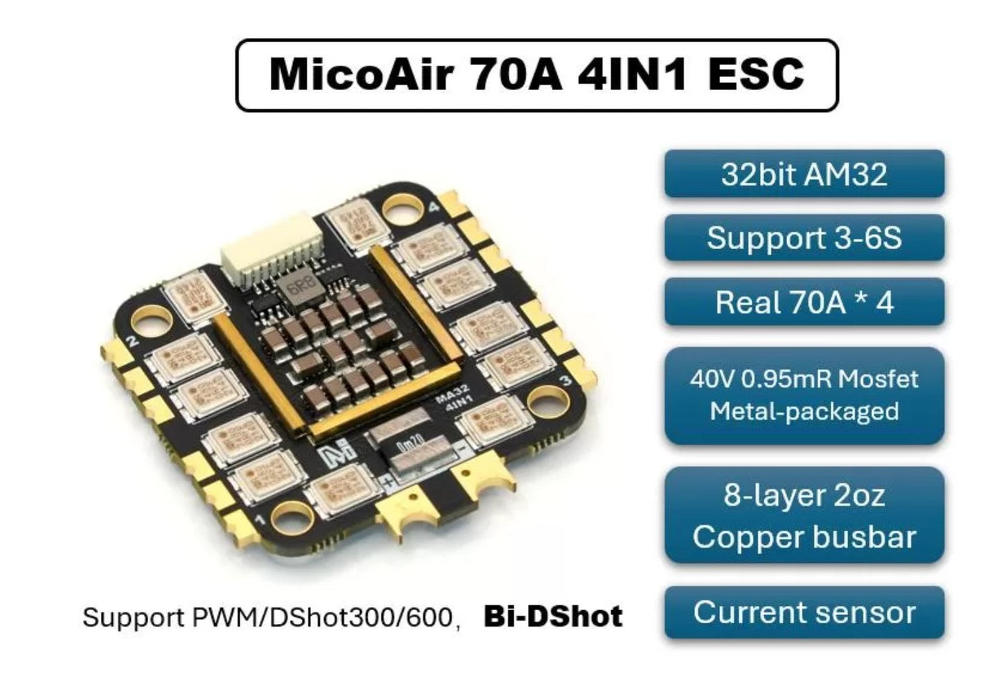 MicoAir 70A 4-in-1 AM32 ESC for FPV Drones