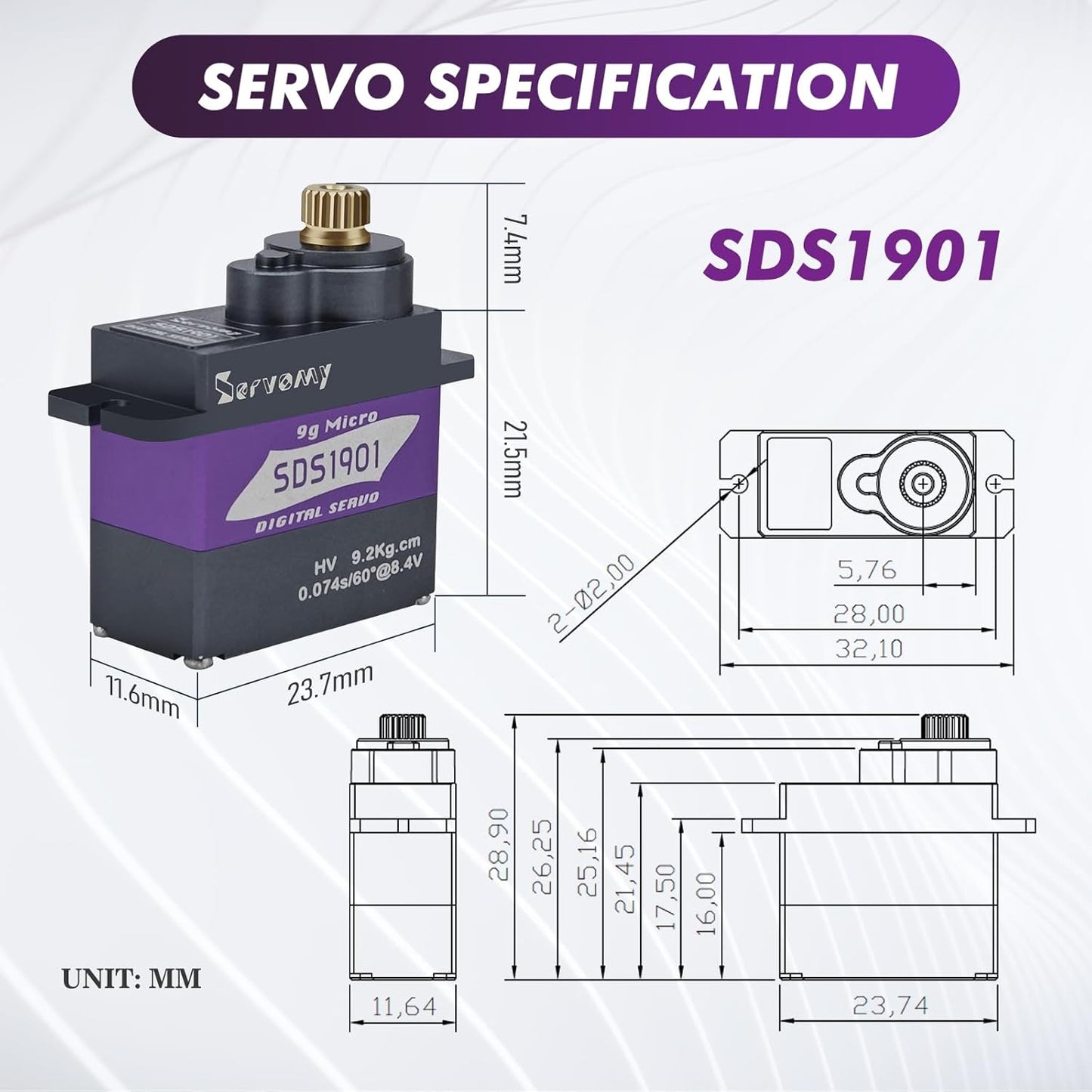 SERVOMY SDS1901 SG90/MG90S Mini Size, 180 Degree HV Digital Coreless Servo