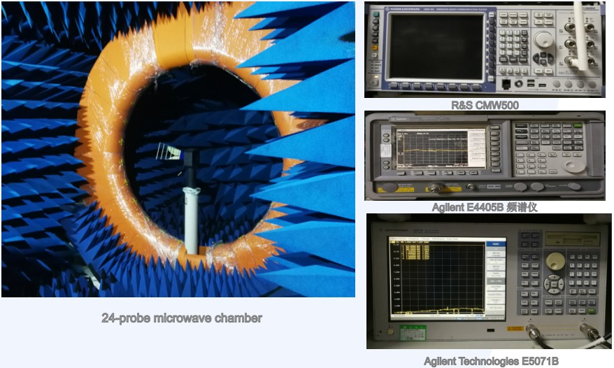 A5800 antenna lab test setup — 24-probe anechoic chamber and Agilent network analyzer