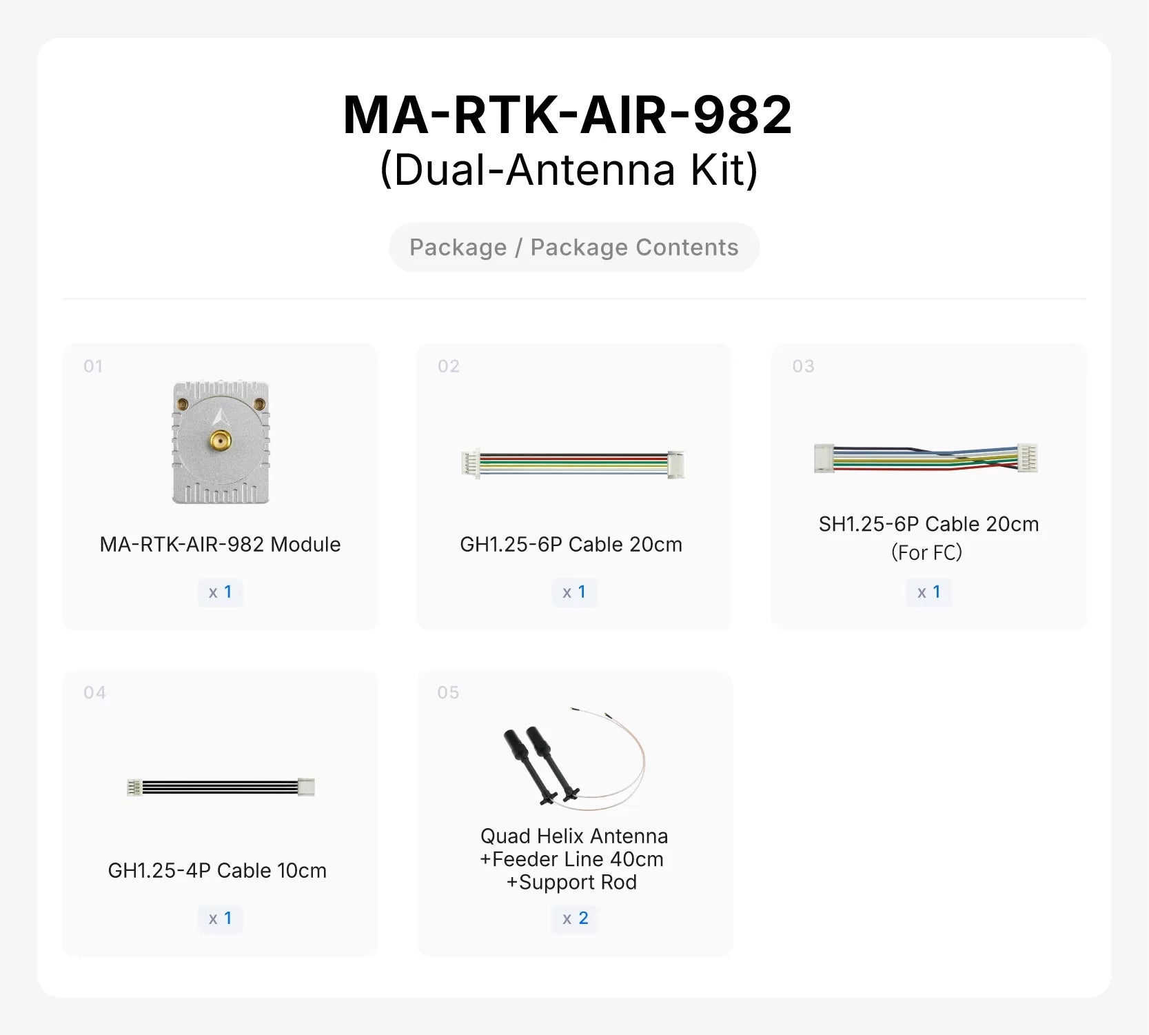 MA-RTK-AIR-982 Dual-Antenna Kit package contents with two quad-helix antennas