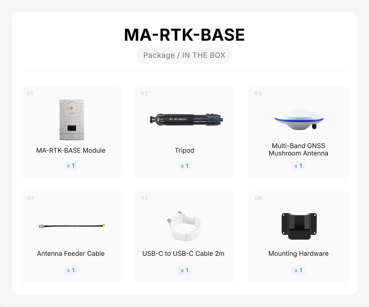 MA-RTK-BASE kit contents — base module, tripod, mushroom antenna, cables