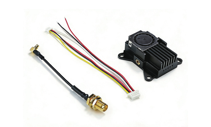 VT5805 4W VTX package contents — transmitter module, 6-pin ribbon cable, MMCX to RPSMA extension feeder cable